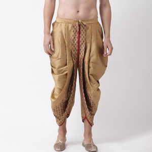 Men Golden & Maroon Solid Dupion Silk Dhoti Pants