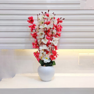 White & Red Cherry Blossom Artificial Flowers With Pot