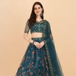Blue organza flower printed lehenga choli