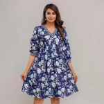 Women Rayon Embroidered And Printed Midi Dress| A - Line Dress | Women Dress | Blue Dress For Women