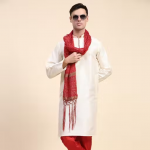 Men's Off White Ethnic Jacquard Silk Kurta Pajama Set with Scarf