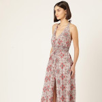 Floral Printed Crepe Tie Up Slit Smocked Maxi Dress