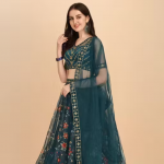 Blue organza flower printed lehenga choli