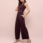 Women's Wine Collared Sleeveless Solid Asymmetric Neck Cut-Out Regular Length Jumpsuit