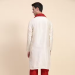 Men's Off White Ethnic Jacquard Silk Kurta Pajama Set with Scarf