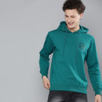 Men Teal Blue Printed Hooded Sweatshirt