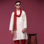 Men's Off White Ethnic Jacquard Silk Kurta Pajama Set with Scarf