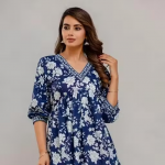 Women Rayon Embroidered And Printed Midi Dress| A - Line Dress | Women Dress | Blue Dress For Women